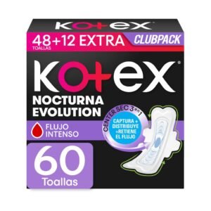 Kotex Nocturna Evolution Toallas Femeninas Extra Largas con Alas 60 Unidades